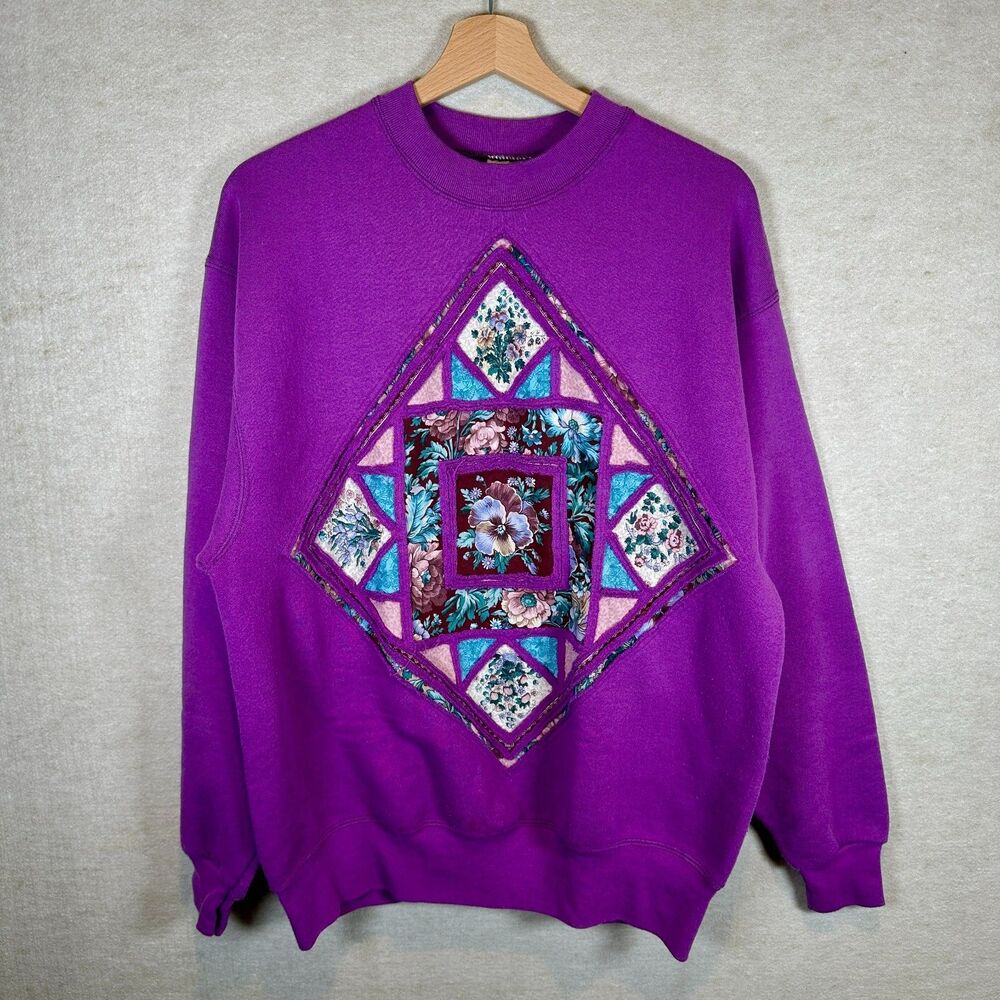 Vtg 90s Custom Quilted Floral Purple Sweatshirt Large Pro Spirit Select Grandma